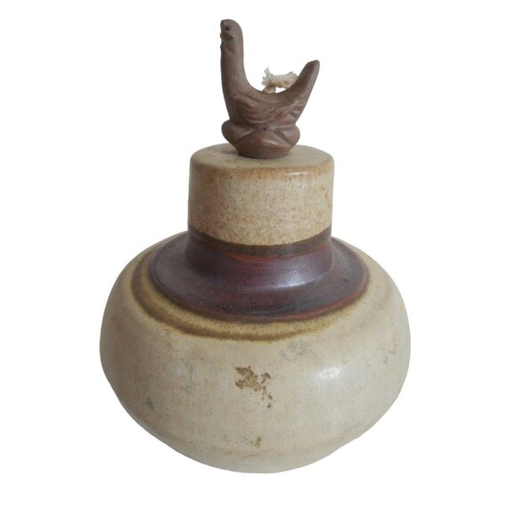 Vintage 1985 Flat Earth Pottery Duck Wick Topper Oil Lamp Vase Artist Signed #3 - Picture 1 of 11